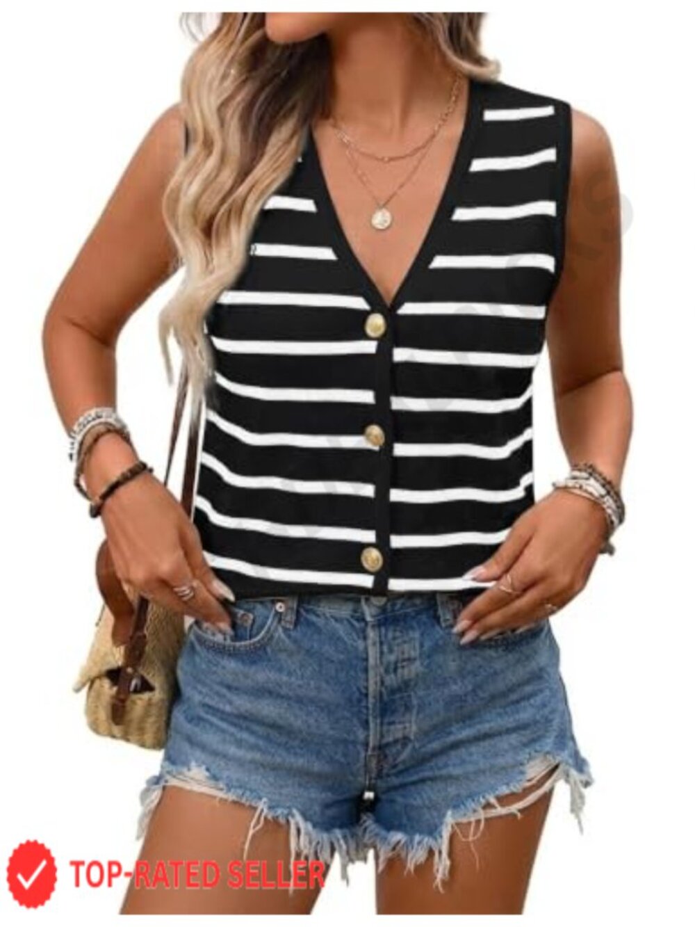Striped Knit Sweater Vest V-Neck Button Up Sleeveless Layering Top